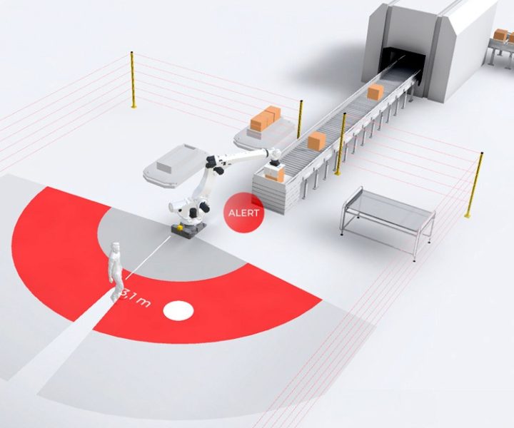 Roboter hebt Pakete auf ein Fließband in einer Echtzeit-3D Simulation um Daten für Prozessoptimierung zu sammeln